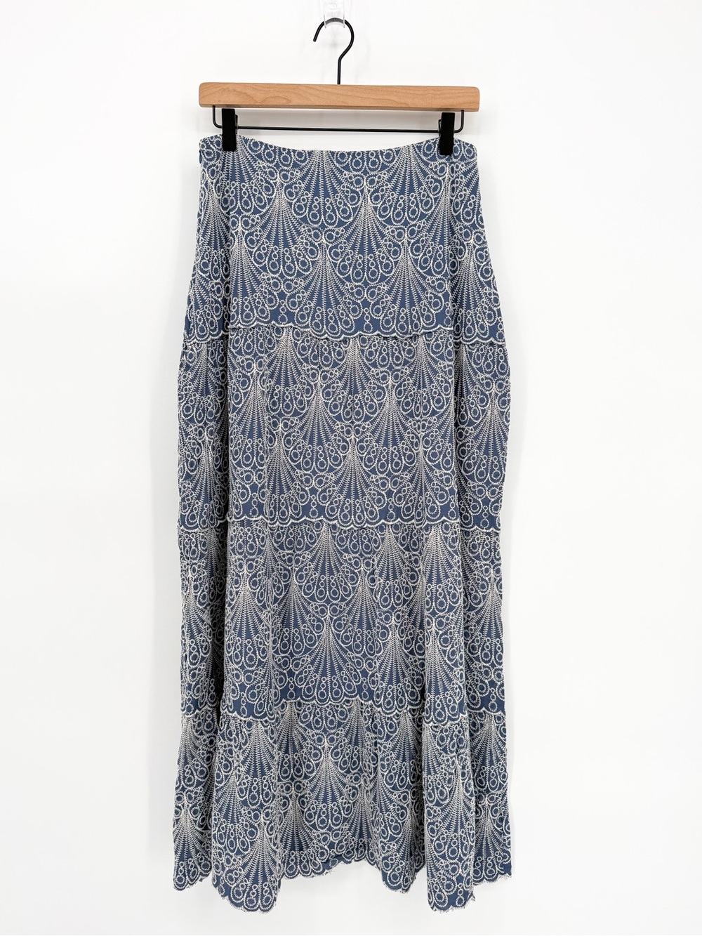 NWT Laffaire Los Angeles Embroidered Tiered Eyelet Maxi Skirt Blue Medium